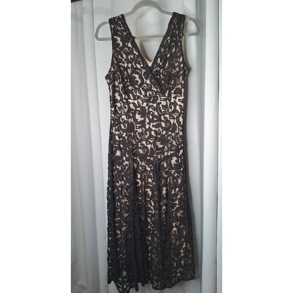 K Studio Collection Black Lace Surplice V-Neck Midi Dress Nude Lining Size 12 - Picture 5 of 16